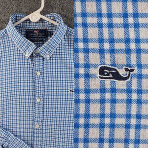 Vineyard Vines Flannel Cotton Slim Fit Whale Large Check Button-Down Blue Casual